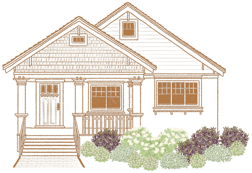 An illustration of a Craftsman home with landscaping